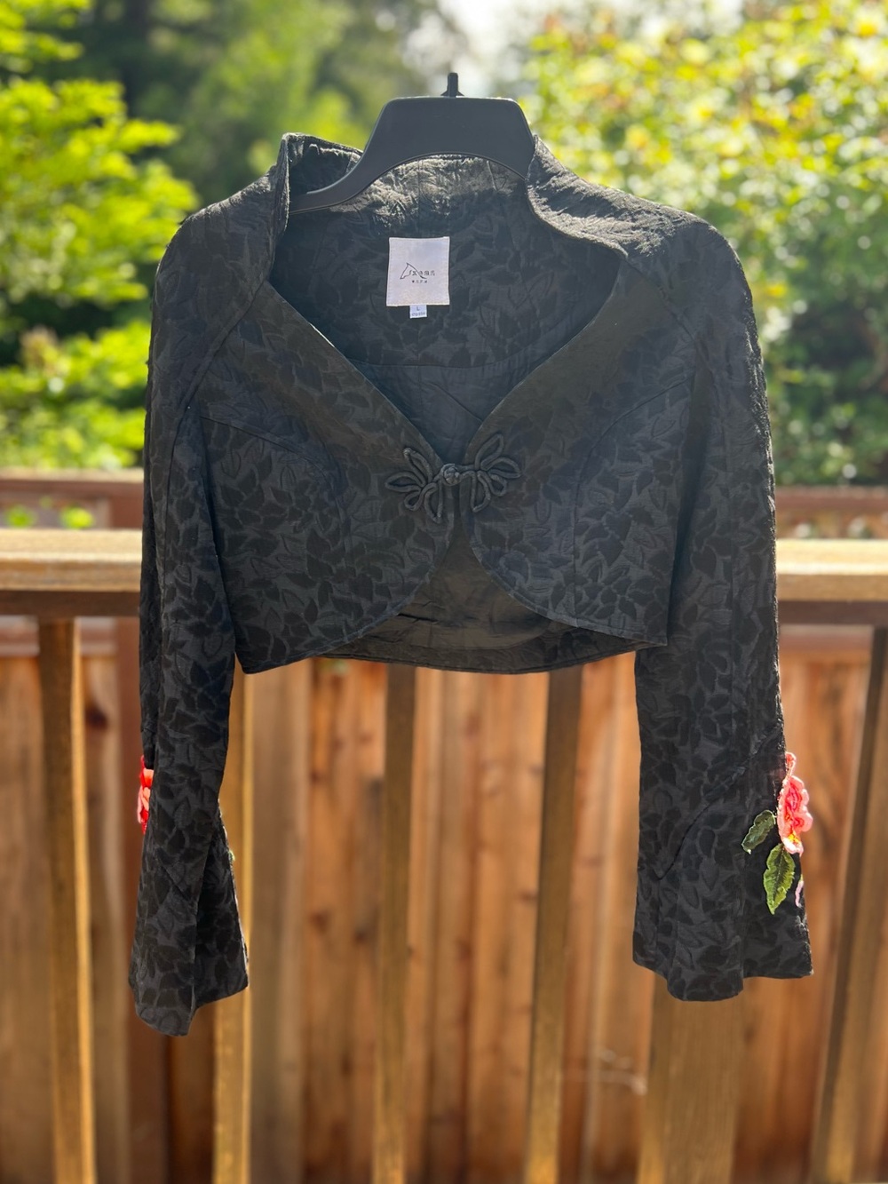 Black Floral Brocade Cropped Jacket with Embroidered Sleeve Flowers
